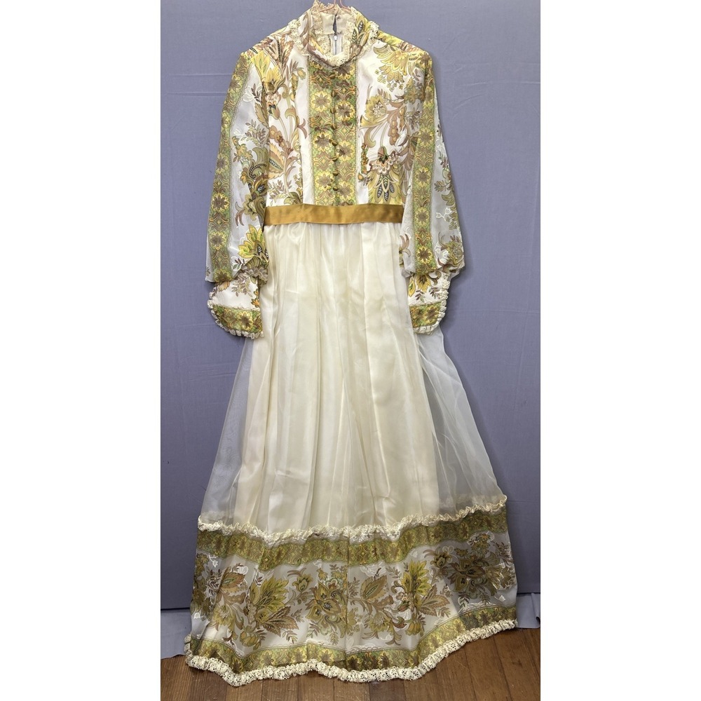 Vintage 1970s Prairie Maxi‎ Dress Floral Sheer Lace Boho Small